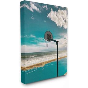 Stupell Industries Vibrant Blue Basketball Hoop Coastal Beach Court Canvas Unsplash Wall Art, 24x30