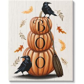 لوحة فنية جدارية من القماش من شركة Stupell Industries Boo Ravens Pumpkin Stack، من تصميم إليزابيث تيندال