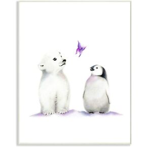 The Kids Room by Stupell Cute Cartoon Baby Polar Bear and Penguin Zoo Animal Painting Wall Plaque, 10 x 15, Multi-Color