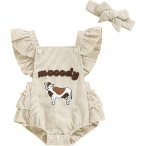 Newborn Baby Girl Ruffle Romper Farm Sleeveless Cow Print Corduroy Overalls Onesie Jumpsuit Matching Summer Clothes