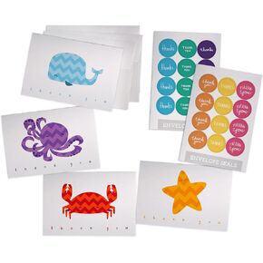 Under The Sea Chevron Animals Thank You Cards Variety Pack - For Baby Showers or Kids - 48 Cards with Envelopes and Colorful Sticker Seals