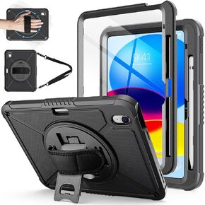 ZtotopCases for iPad 10th Generation Case 10.9 Inch with Screen Protector, Pen Holder, Handle Shoulder Strap,360 Rotating Stand Rugged Protective Case for iPad 10th Gen 2022(A2696/A2757/A2777), Black