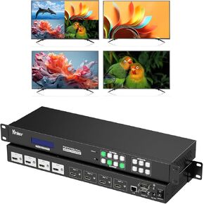 4K 30Hz HDMI Matrix Video Wall Controller Multiviewer 4x4, Rack Mount Switcher Splitter Supports 2x2 Splicing & PIP & Audio Embedding & 90°,180°,270°Rotate & Web GUI & APP Control