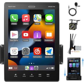 9.5 inch Detachable CarPlay Single Din Car Stereo with Wired Car Play and Android Auto, Vertical Touch Screen 1 Din Radio with Mirror Link/1080P/EQ Audio/SWC/Bluetooth +Backup Camera