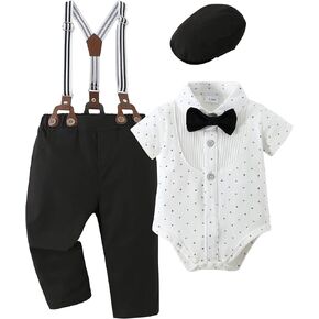 YUEMION Baby Boy Clothes Set Infant Tuxedo Long Sleeve Gentleman Suit Outfits + Beret Hat + Suspender Pants + Bowtie (L White - short sleeve, 0-3 Months)
