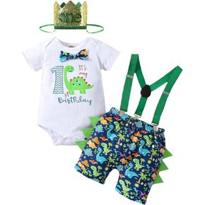 Baby Boy Clothes Bow Tie Dinosaur Romper Pants Set Adjustable Y Back Suspenders Smash Outfits 1st Birthday