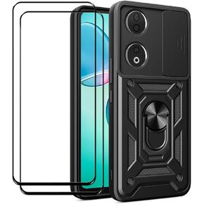 Case for Huawei Honor 90 Smart/Honor X7b with Tempered Glass Screen Protector [2 Pack],Sliding Camera Window, Kickstand, Shock-Proof Anti-Scratch Dual-Layer Phone Cover, Black