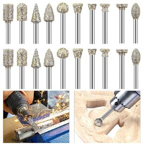 20pcs Diamond Grinding Burr Set, Cezmkio 60 Grit Rotary Grinding Burrs Engraving Bits Set with 1/8-inch Shank for Stone Ceramic Glass Carving, Grinding, Polishing, Engraving