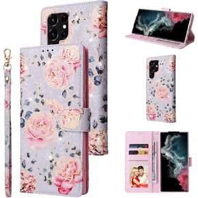 UEEBAI Wallet Case for Samsung Galaxy S23 5G, PU Leather Phone Case Kickstand RFID Blocking Flip Case with Card Slots Wrist Strap Relief Engraved Pattern Magnetic Closure Folio Case - Black Rose