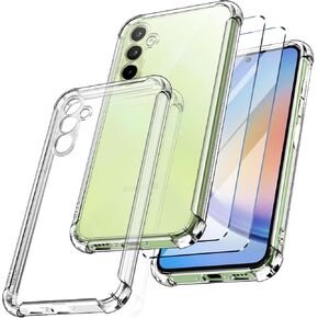 Case for Samsung Galaxy A35 + 2 Tempered Glass Screen Protector, Soft TPU Silicone Case Cover, Bumper with Reinforced Corners, Clear Protection. (Transparent)