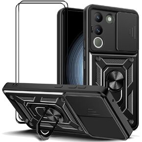 Case for VIVO Y200 5G / V30 Lite 5G with Tempered Glass Screen Protector [2 pack],Sliding Camera Window, Kickstand, Shock-proof Anti-Scratch Dual-Layer Phone Cover, Rose Gold