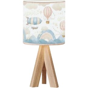 Tripod Bedside Desk Table Lamp Hot Air Balloons Seamless Wall Paper for Baby Room Clouds Rainbow Wood Nightstand Lamp with Linen Fabric Shade for Nursery Bedroom Living Room Kids Room