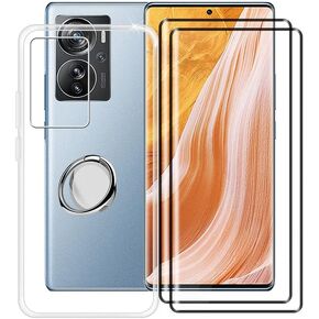 Cover for ZTE Axon 40 Pro (6.67") with 2 X Tempered Glass Protective Film, 360° Cell Phone Metal Ring Holder, [Ultra-Thin Clear Soft TPU Shockproof Shell] Phone Case for ZTE Axon 40 Pro