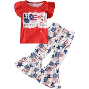 4th Of July Toddler Kids Girl Outfits Ruffle Fly Sleeve T-Shirts Top Stripes Stars Bell Bottoms Set Summer Clothes