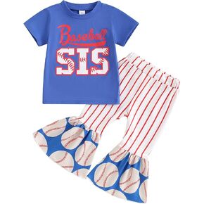 BULINGNA 2Pcs Toddler Baby Girl Summer Baseball Outfit Set Short Sleeve Baseball Sis T-Shirt Top and Striped Flare Pants