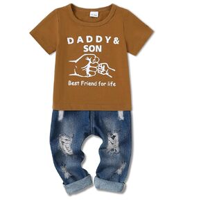 WESIDOM طفل رضيع ملابس الصيف عارضة قصيرة الأكمام أعلى ممزق الجينز 1-5T طفل الفتيان وتتسابق الاطفال مجموعة ملابس in Kuwait