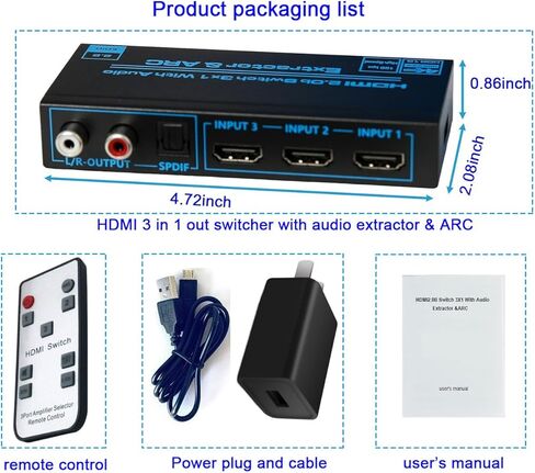 محول HDMI 3 في 1 مخرج مع مستخرج الصوت ومستخرج الصوت ARC، HDMI إلى HDMI+ بصري، 3.5 مم، RCA R/L، وضع مخرج الصوت TV/2.0/5.1، محول الصوت HDMI ARC إلى RCA in Kuwait