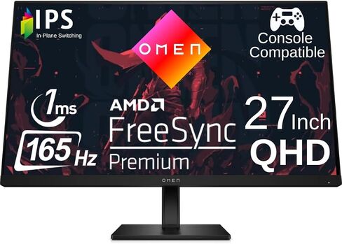 شاشة HP OMEN 27q 27 بوصة QHD للألعاب 165 هرتز IPS 1ms AMD Freesync Premium Console متوافقة مع DisplayPort Dual HDMI VESA قابلة للتركيب للكمبيوتر المحمول PS5 Xbox Desk Setup، أسود (متجدد) in Kuwait