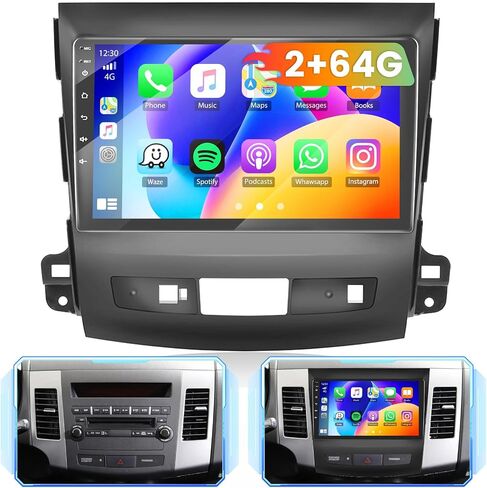 Hikity 2+64GB Android 13 Carplay Stereo لراديو Mitsubishi Outlander 2008-2015 مع Carplay اللاسلكي Android Auto، شاشة لمس 9 بوصة في لوحة القيادة GPS مرآة وصلة BT WiFi كاميرا احتياطية in Saudi Arabia