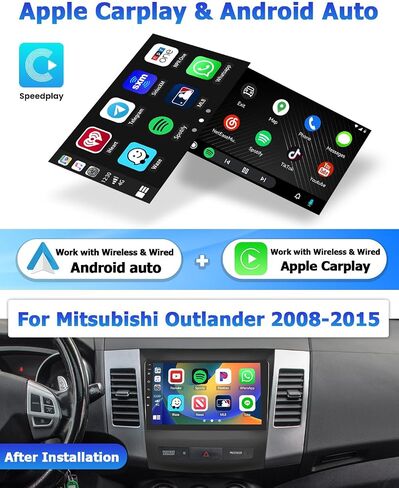 Hikity 2+64GB Android 13 Carplay Stereo لراديو Mitsubishi Outlander 2008-2015 مع Carplay اللاسلكي Android Auto، شاشة لمس 9 بوصة في لوحة القيادة GPS مرآة وصلة BT WiFi كاميرا احتياطية in Saudi Arabia