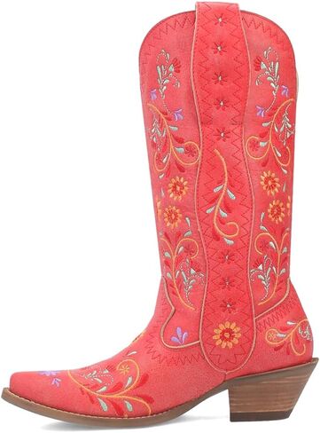 Dingo Womens Beetle Juice Floral Embroidered Snip Toe Casual Boots Mid Calf Mid Heel 2-3" - Red in Saudi Arabia