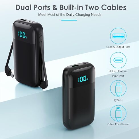 شاحن محمول مع كابلات مدمجة، بنك طاقة USB C سريع الشحن بقدرة 13800 مللي أمبير في الساعة PD، 4 مخارج LCD حزمة بطارية متوافقة مع سلسلة iPhone 15/14/13/12/11 وهواتف Samsung Android in Kuwait