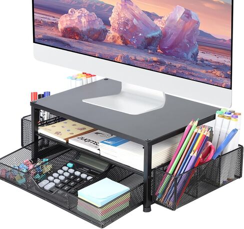 Spacrea Metal Monitor Stand Monitor riser and Computer Desk Organizer with Drawer and Pen Holder, Desk Organizers and Accessories for Laptop, Computer, iMac, Black in Saudi Arabia
