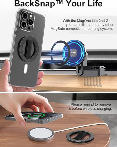 EWA MagOne Lite 2nd Gen Phone Grip with Replaceable Elastic Finger Loop, Removable Magnetic Ring Holder Loop, Accessories for iPhone 15, 14, 13 Pro/Max/Plus-Black in Saudi Arabia