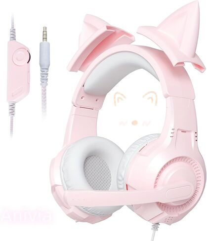 سماعة رأس على شكل قطة للفتيات، سماعات رأس لطيفة فوق الأذن مع ميكروفون، تحكم في مستوى الصوت، وسادات أذن قطيفة ناعمة، عصابة رأس قابلة للتعديل للكمبيوتر الشخصي/الكمبيوتر المحمول/Mac/ PS5/ PS4/Xbox/الهواتف (وردي) in Kuwait
