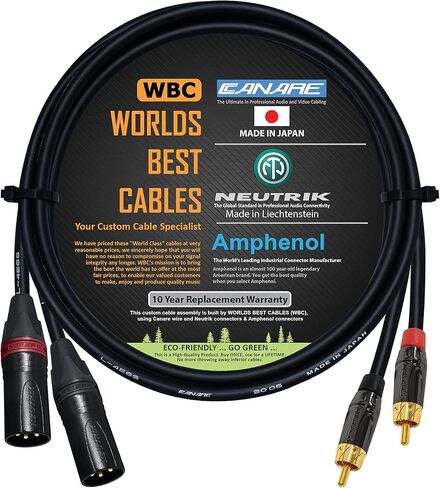 WORLDS BEST CABLES 5 Foot - RCA to XLR (Male) Cable Pair - Canare L-4E6S Star-Quad Audio Interconnect Cable & Amphenol ACPL RCA & Neutrik Male XLR Gold Plugs - CUSTOM MADE in Saudi Arabia