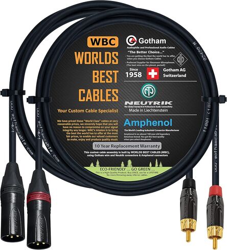 أفضل الكابلات في العالم بطول 2 قدم - زوج كابل RCA إلى XLR (ذكر) - كابل Gotham GAC-4/1 (أسود) كابل توصيل صوتي رباعي النجوم وAmphenol ACPL RCA وNeutrik Male XLR Gold Plugs - مصنوع حسب الطلب in Saudi Arabia