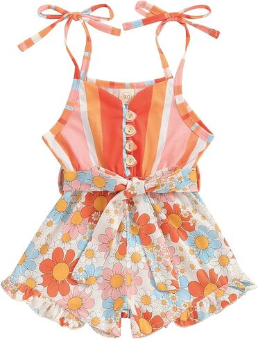 Kids Baby Girl Summer Clothes Spaghetti Straps Rainbow Print Romper Floral Jumpsuit with Belt Boho Outfits in Saudi Arabia