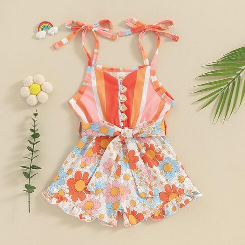 Kids Baby Girl Summer Clothes Spaghetti Straps Rainbow Print Romper Floral Jumpsuit with Belt Boho Outfits in Saudi Arabia