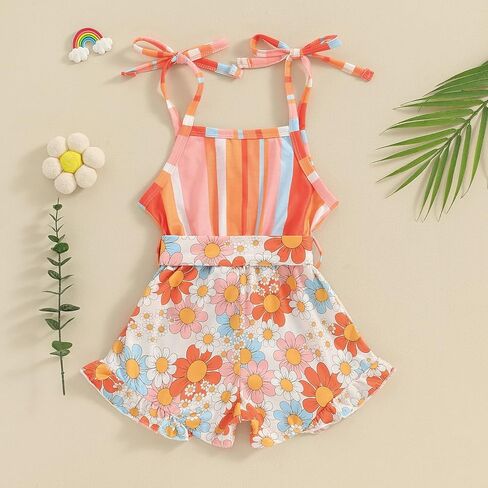 Kids Baby Girl Summer Clothes Spaghetti Straps Rainbow Print Romper Floral Jumpsuit with Belt Boho Outfits in Saudi Arabia