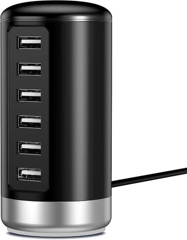 Desktop USB Charging Station, Universal 6 Ports USB Charger with Smart Identification Technology for iPhone, iPad, Android and All Other USB Enabled Devices, Black & Silver in Saudi Arabia
