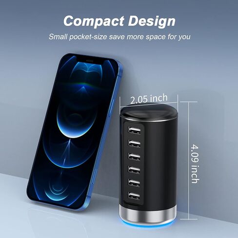 Desktop USB Charging Station, Universal 6 Ports USB Charger with Smart Identification Technology for iPhone, iPad, Android and All Other USB Enabled Devices, Black & Silver in Saudi Arabia