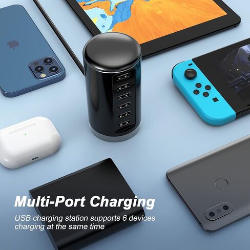 Desktop USB Charging Station, Universal 6 Ports USB Charger with Smart Identification Technology for iPhone, iPad, Android and All Other USB Enabled Devices, Black & Silver in Saudi Arabia
