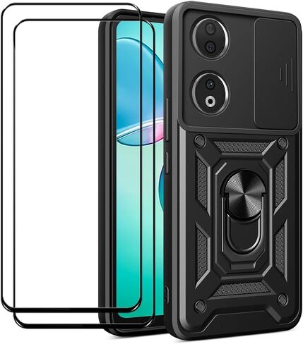 جراب لهاتف Huawei Honor 90 Smart/Honor X7b مع واقي شاشة من الزجاج المقوى [عبوة من قطعتين]، نافذة كاميرا منزلقة، مسند، غطاء هاتف مزدوج الطبقات مقاوم للصدمات ومضاد للخدش، أسود in Saudi Arabia