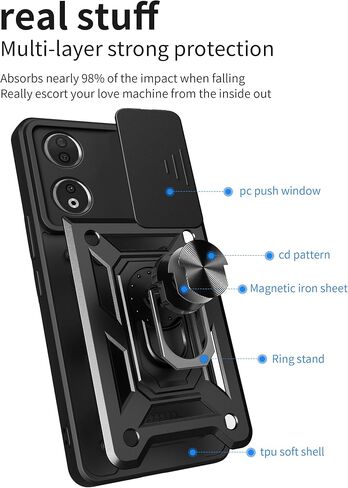 جراب لهاتف Huawei Honor 90 Smart/Honor X7b مع واقي شاشة من الزجاج المقوى [عبوة من قطعتين]، نافذة كاميرا منزلقة، مسند، غطاء هاتف مزدوج الطبقات مقاوم للصدمات ومضاد للخدش، أسود in Saudi Arabia