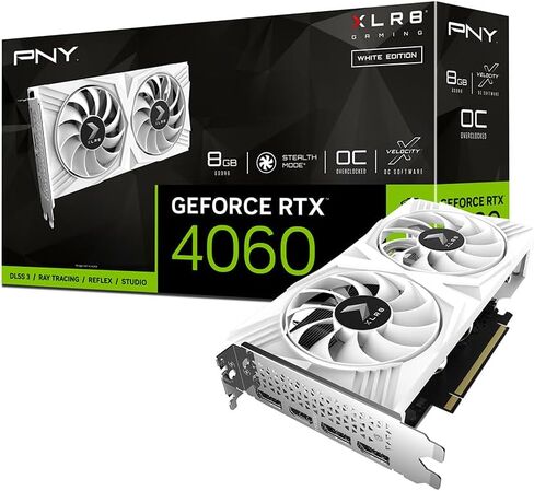 PNY GeForce RTX™ 4060 8GB XLR8 Gaming Verto™ Dual Fan OC White Edition Graphics Card DLSS 3 (128-bit, PCIe 4.0, GDDR6, HDMI/DisplayPort, 2 Slot) in Saudi Arabia