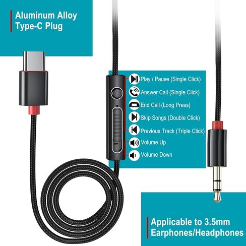 كابل PChero USB C إلى 3.5 ملم صوت Aux جاك مع جهاز التحكم عن بعد/التحكم في مستوى الصوت/وظيفة الميكروفون، سلك محول مساعد بطول 4 أقدام من النوع C إلى 1/8 ذكر لسماعة رأس ستيريو للسيارة وهواتف Android in Kuwait