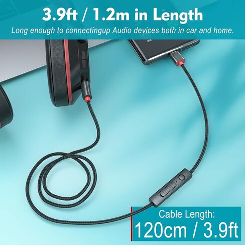 كابل PChero USB C إلى 3.5 ملم صوت Aux جاك مع جهاز التحكم عن بعد/التحكم في مستوى الصوت/وظيفة الميكروفون، سلك محول مساعد بطول 4 أقدام من النوع C إلى 1/8 ذكر لسماعة رأس ستيريو للسيارة وهواتف Android in Kuwait