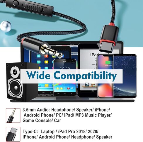 كابل PChero USB C إلى 3.5 ملم صوت Aux جاك مع جهاز التحكم عن بعد/التحكم في مستوى الصوت/وظيفة الميكروفون، سلك محول مساعد بطول 4 أقدام من النوع C إلى 1/8 ذكر لسماعة رأس ستيريو للسيارة وهواتف Android in Kuwait