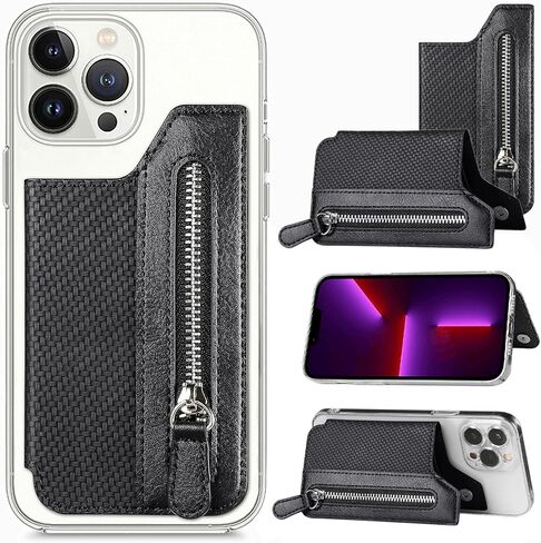 Phone Wallet Stick On High Capacity, Back of Cell Phone Credit Card Holder fro Phone Case, Compatible with iPhone Android Phones, Black Leather with Zipper in Saudi Arabia