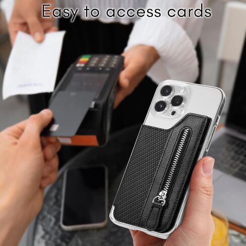 Phone Wallet Stick On High Capacity, Back of Cell Phone Credit Card Holder fro Phone Case, Compatible with iPhone Android Phones, Black Leather with Zipper in Saudi Arabia