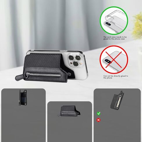 Phone Wallet Stick On High Capacity, Back of Cell Phone Credit Card Holder fro Phone Case, Compatible with iPhone Android Phones, Black Leather with Zipper in Saudi Arabia
