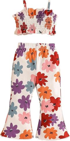 DuAnyozu Toddler Summer Baby Girl Boho Clothes Sleeveless Floral Tank Top Flare Leggings Girls Hippie 70s Outfits For Kids in Kuwait
