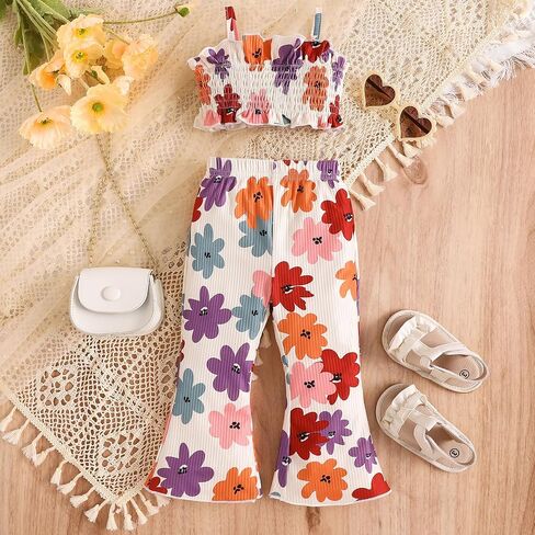 DuAnyozu Toddler Summer Baby Girl Boho Clothes Sleeveless Floral Tank Top Flare Leggings Girls Hippie 70s Outfits For Kids in Kuwait