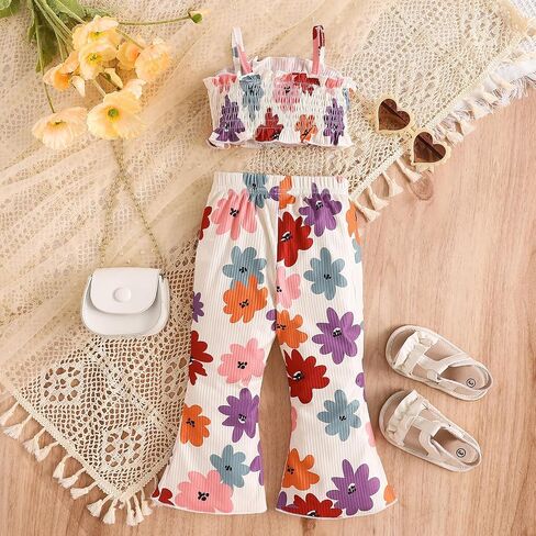 DuAnyozu Toddler Summer Baby Girl Boho Clothes Sleeveless Floral Tank Top Flare Leggings Girls Hippie 70s Outfits For Kids in Kuwait