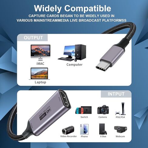 بطاقة التقاط الفيديو، 4K HDMI إلى USB C 3.0 بطاقة التقاط، 1080P HD 60 إطارًا في الثانية لايف وتسجيل صوت الفيديو للألعاب والبث والتعليم ومؤتمرات الفيديو in Kuwait